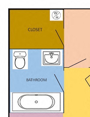 1BR-CSP 1 Bedroom floor plan with kitchen, living room, bedroom, bathroom, 2 closets